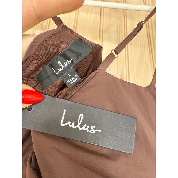 NWT Lulus Mesmerizing Reputation Brown Twist-Front Bodycon Midi Dress Cocktail L - Picture 7 of 8
